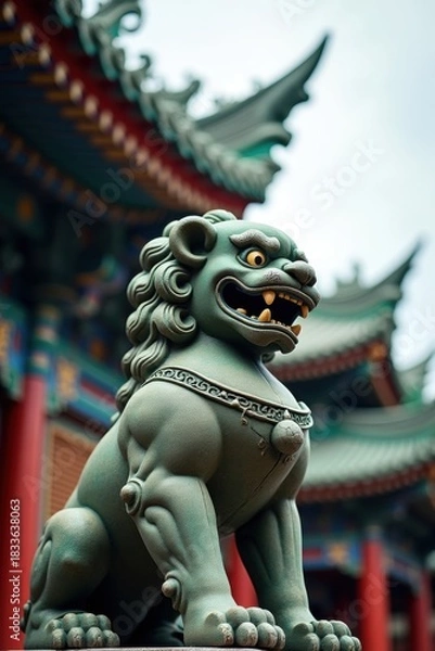 Fototapeta Guardian lion statue in front of traditional asian temple architecture