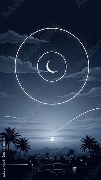 Fototapeta Serene lunar night over desert city with palm trees and mystical glowing circles