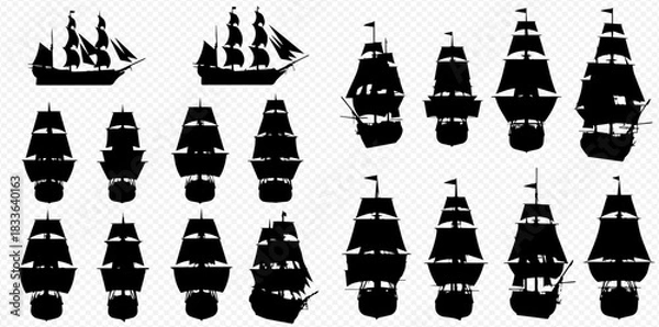 Fototapeta Collection of black silhouettes depicting various classic sailing ships from side and stern views on a transparent background.