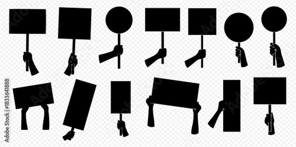 Fototapeta Silhouettes of hands holding blank protest signs and placards in various shapes and orientations, ready for custom messages.