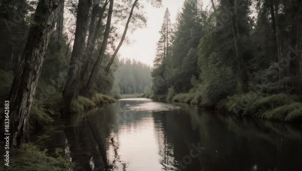 Fototapeta Serene River Flowing Through a Lush Green Forest.