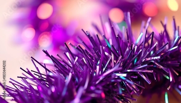 Fototapeta Closeup of a vibrant purple tinsel garland with blurred lights in the background, creating a festive atmosphere christmas