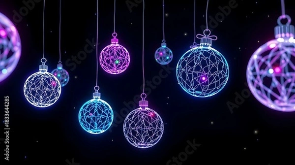 Fototapeta Glowing christmas ornaments hanging from above with blue and purple lights on a dark background create a festive mood christmas