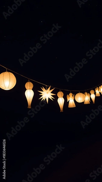 Fototapeta Magical Christmas lights illuminate the night sky with angel and star shaped lanterns