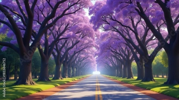Fototapeta A picturesque tree lined road with blooming purple jacaranda trees in full bloom