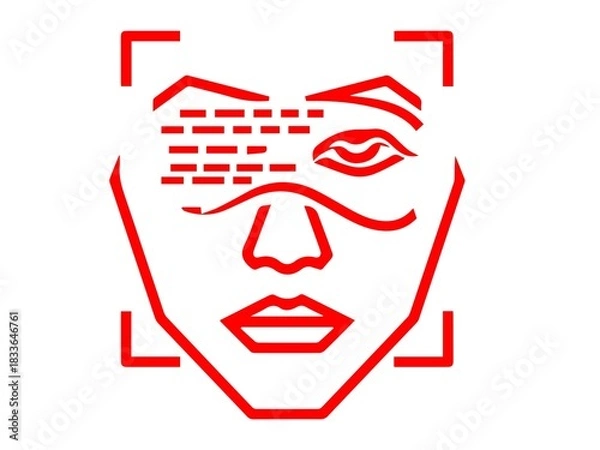 Fototapeta Red line art icon of face recognition scan isolated on white background