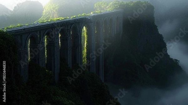 Fototapeta An old stone bridge covered in green plants, spanning a deep valley with fog, creating a mysterious and atmospheric scene.