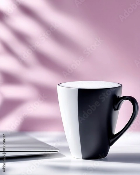Fototapeta A stylish black and white coffee mug sits on a white desk next to a laptop. The background is a pink wall with a shadow, creating a minimalist and modern aesthe