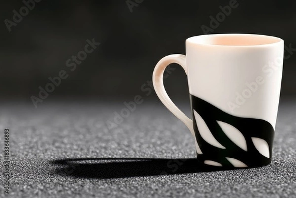 Fototapeta Close-up of a white coffee mug with a black design, set against a textured surface with dramatic lighting.
