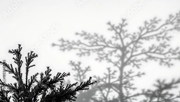 Fototapeta Silhouette of a coniferous tree branch against a bright white sky, creating a minimalist and serene winter scene christmas