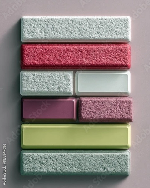 Fototapeta Close-up of a vertical arrangement of colorful rectangular blocks with different textures and colors against a pink background. The blocks are stacked and creat