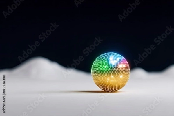 Fototapeta A colorful disco ball is illuminated on a white surface with a dark background. The ball reflects a rainbow of colors.