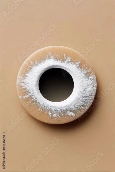 Fototapeta A top-down studio shot of a donut covered in powdered sugar, set against a beige background.