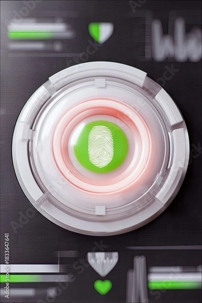 Fototapeta A close-up of a digital interface with a fingerprint scan icon, glowing red and green, suggesting security and access.