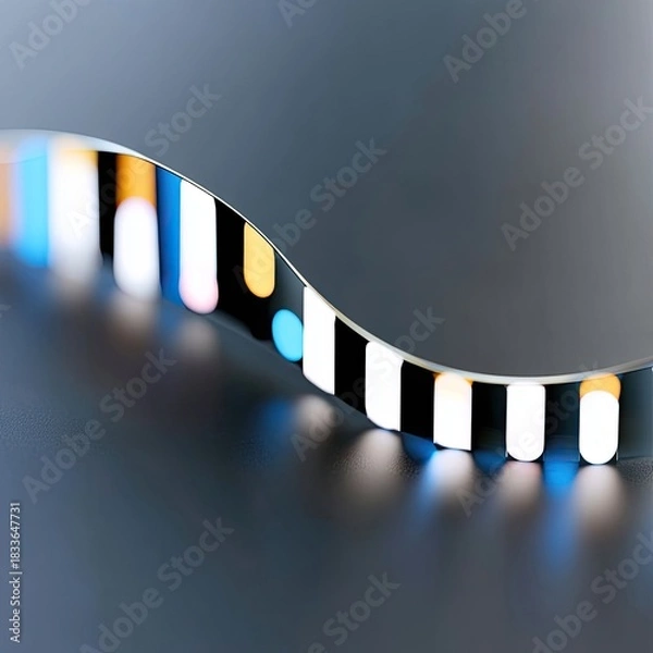 Fototapeta A flexible LED strip with colorful lights is curving across a dark surface, creating a modern and abstract design.