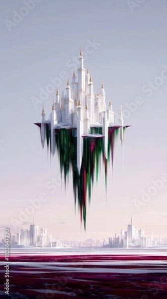 Fototapeta A futuristic castle floats in the sky, with a colorful drip effect and a city in the background. The image has a surreal and imaginative quality.