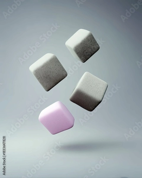 Fototapeta Four geometric cubes floating against a soft gray background. One cube is pink, the others are gray. The image has a minimalist aesthetic.