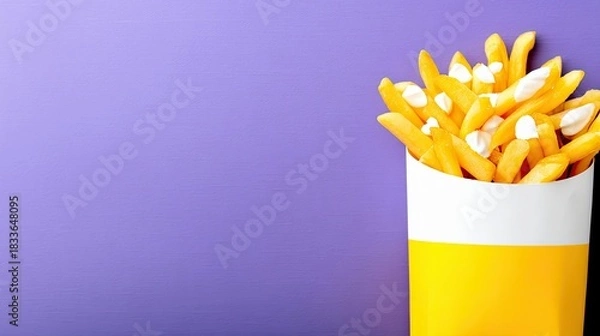 Fototapeta A box of french fries with sauce on a purple background. The fries are yellow and the box is yellow and white.