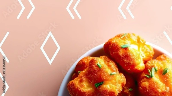 Fototapeta Close-up of fried food in a white bowl with green garnish. The background is a pink color with a white geometric pattern.