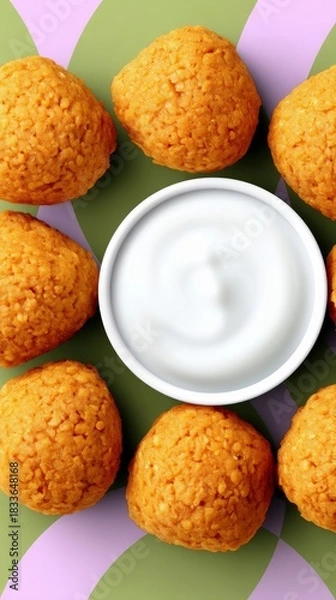 Fototapeta Overhead shot of fried food arranged around a bowl of white dip on a colorful background.
