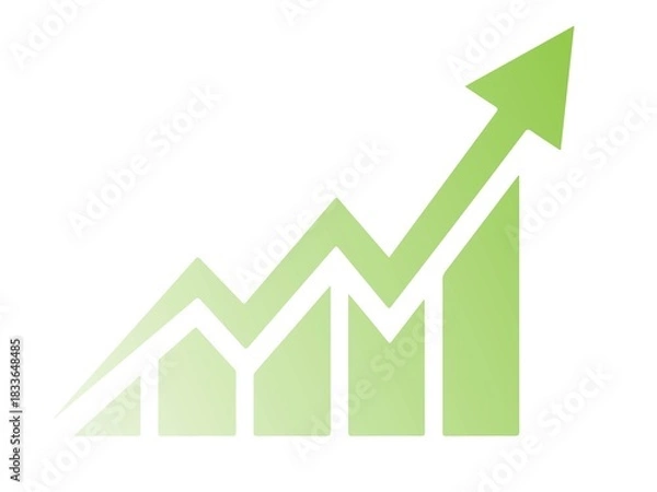 Fototapeta Green upward trending bar chart with arrow isolated on white background