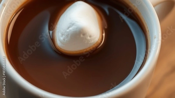 Fototapeta A marshmallow sits in a mug of hot chocolate, a comforting and sweet treat for a cold day christmas