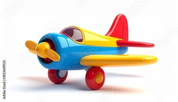 Obraz Red vintage biplane toy aircraft flying transportation illustration 3d render isolated on white