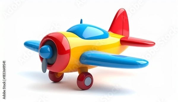Obraz Vintage red toy biplane aircraft with propeller flying isolated on a white background