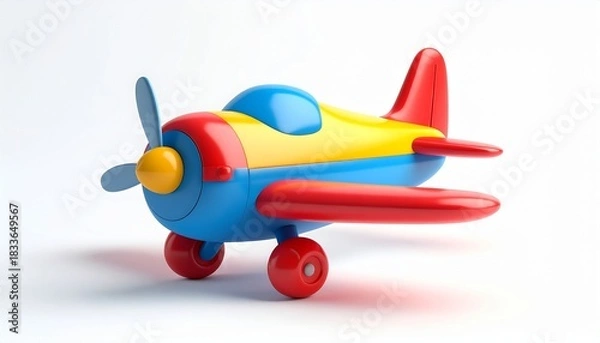 Obraz 3d Vintage wooden toy airplane illustration with red wings and propeller flying high in the blue sky