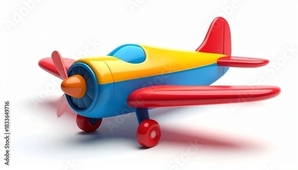 Obraz Vintage 3d icon of wooden toy biplane isolated on white, with propeller and red wing for travel illustration