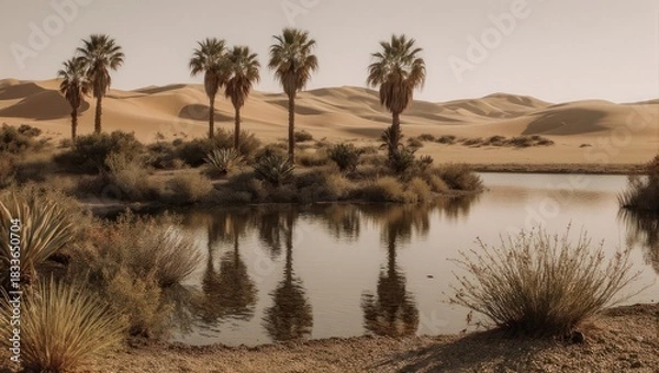 Fototapeta Oasis in the Desert with Palm Trees and Water Reflection.