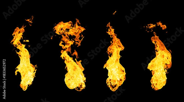 Fototapeta Collection of isolated flames on black background. Perfect for digital art, design and visual effects. Perfect for energy explosion scenes.