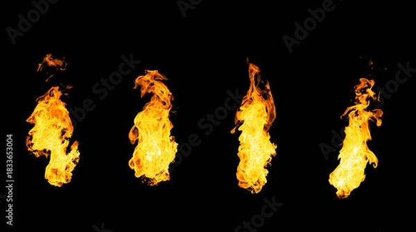 Fototapeta Collection of isolated flames on black background. Perfect for digital art, design and visual effects. Perfect for energy explosion scenes.