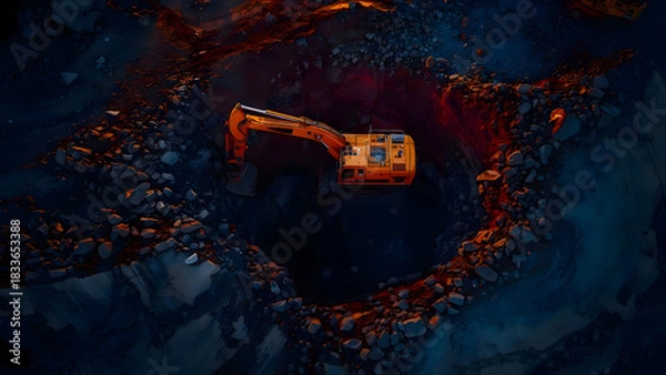 Fototapeta An aerial shot of a construction site at dusk, showcasing a yellow excavator amidst a rocky