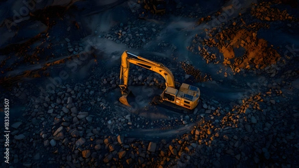 Fototapeta An aerial shot of a construction site at dusk, showcasing a yellow excavator amidst a rocky