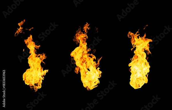 Fototapeta Collection of isolated flames on black background. Perfect for digital art, design and visual effects. Perfect for energy explosion scenes.