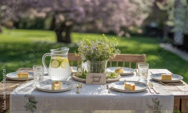Fototapeta Rustic Spring picnic, a table set for a meal with a pitcher of lemonade, wildflowers, and slices of cake