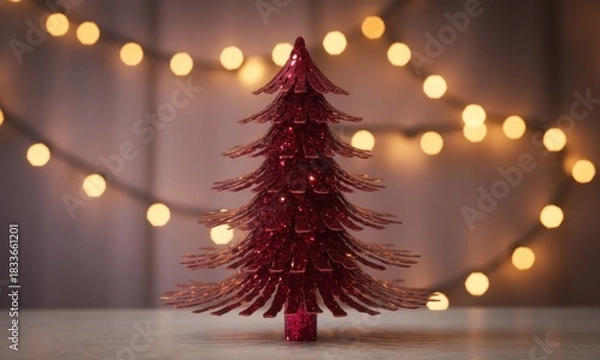 Fototapeta Small, sparkly, crimson Christmas tree against a background of warm lights