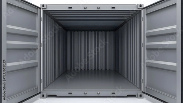 Fototapeta A stark, empty shipping container stands open