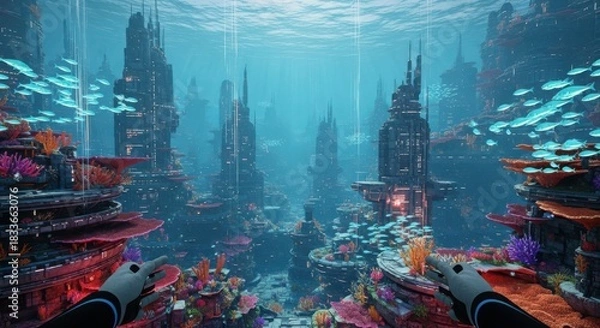 Obraz Underwater Sci-Fi Metropolis Exploration: First-Person View of a City Amidst Coral Reefs and Schools of Fish