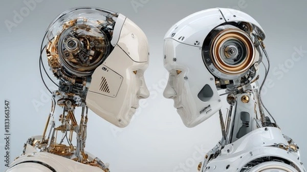 Obraz Two sophisticated humanoid automatons face each other showcasing internal mechanical structures
