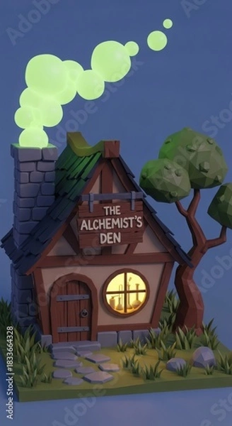 Obraz Whimsical Alchemist's Den with Glowing Green Smoke and Magical Potions - Low Poly House at Night