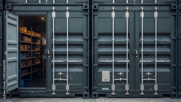 Fototapeta A pair of identical, dark gray shipping containers