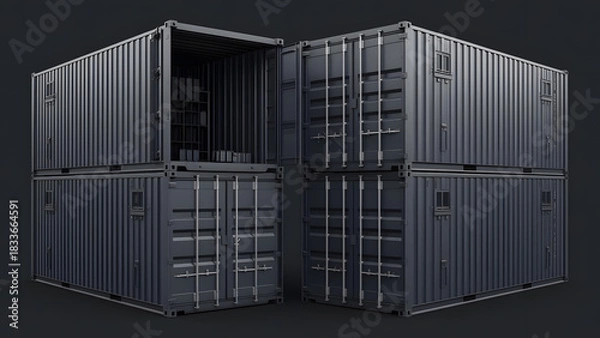 Fototapeta A pair of identical, dark gray shipping containers