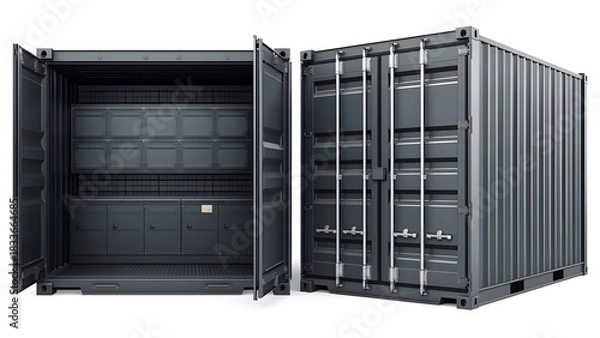 Fototapeta A pair of identical, dark gray shipping containers