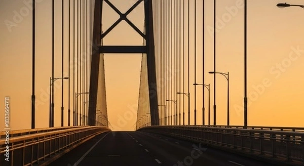 Obraz Sunrise view of a modern cable-stayed bridge. Road stretches into distance