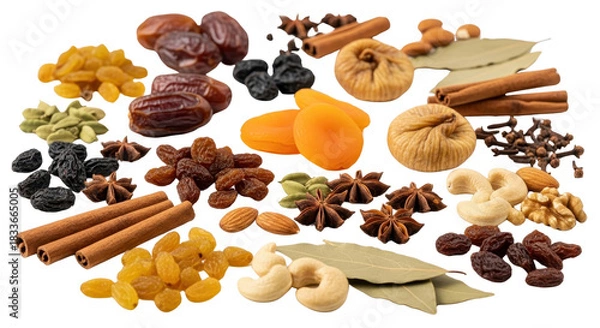 Obraz Variety of dried fruits, nuts, and spices isolated PNG with Transparent Background