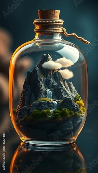 Fototapeta Miniature Mountain Landscape with Waterfall and Lush Greenery Inside a Glass Bottle