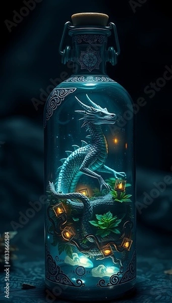 Fototapeta Mythical Blue Dragon Lurking in a Magical Bottle with Glowing Lanterns and Ancient Symbols