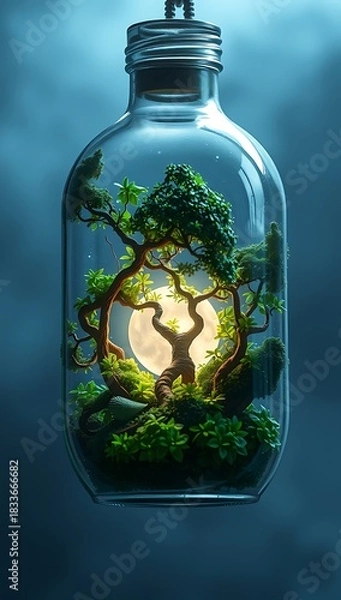 Fototapeta Magical Bonsai Tree Diorama Inside a Glass Bottle with Full Moon Backdrop
